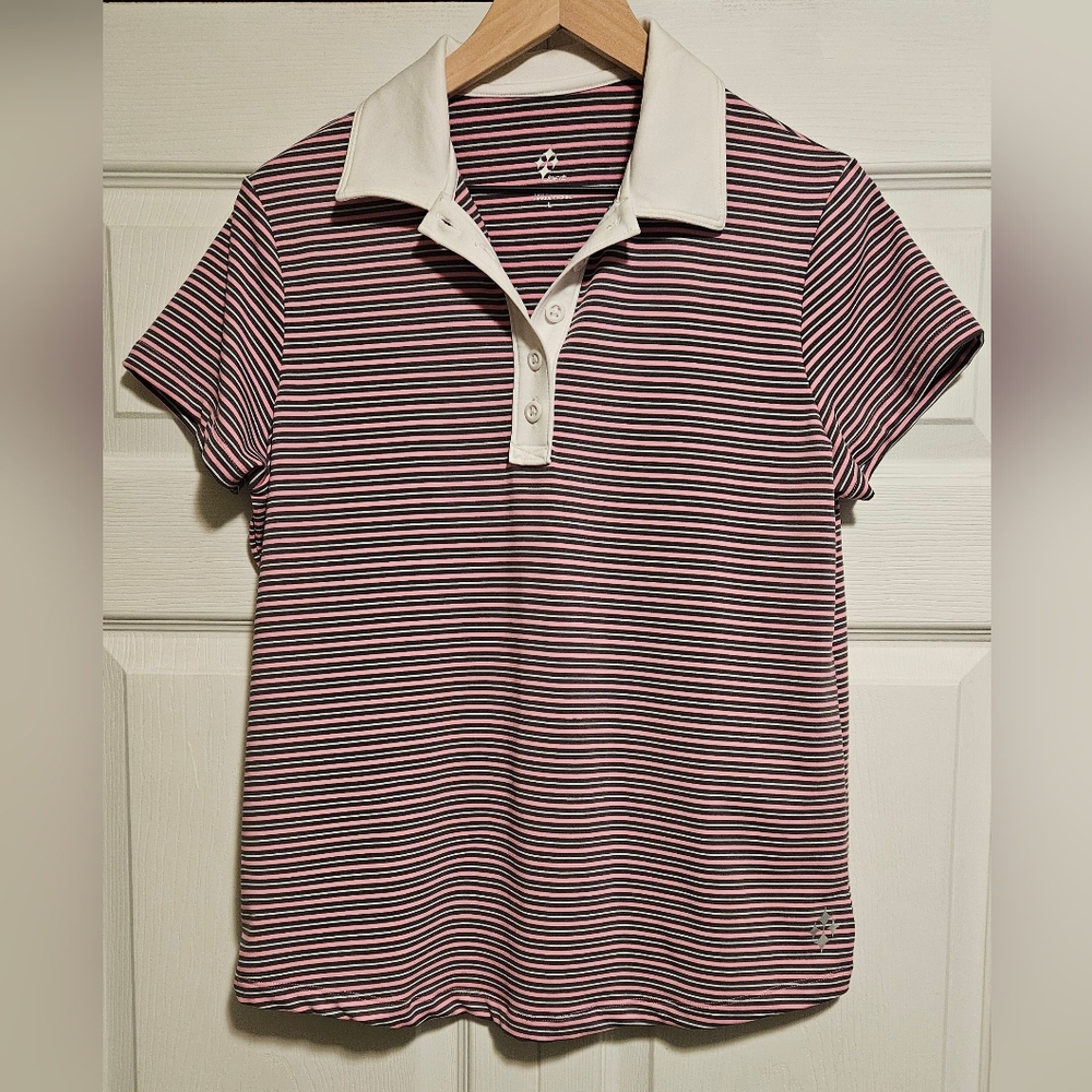 Jofit Pink Navy and White Striped Button Down Shirt Short Sleeve Polo Size Large